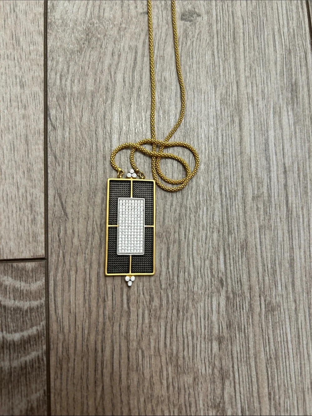 Freida Rothman Gold Rectangular Pave Pendant Necklace Black Silver Sparkle 925